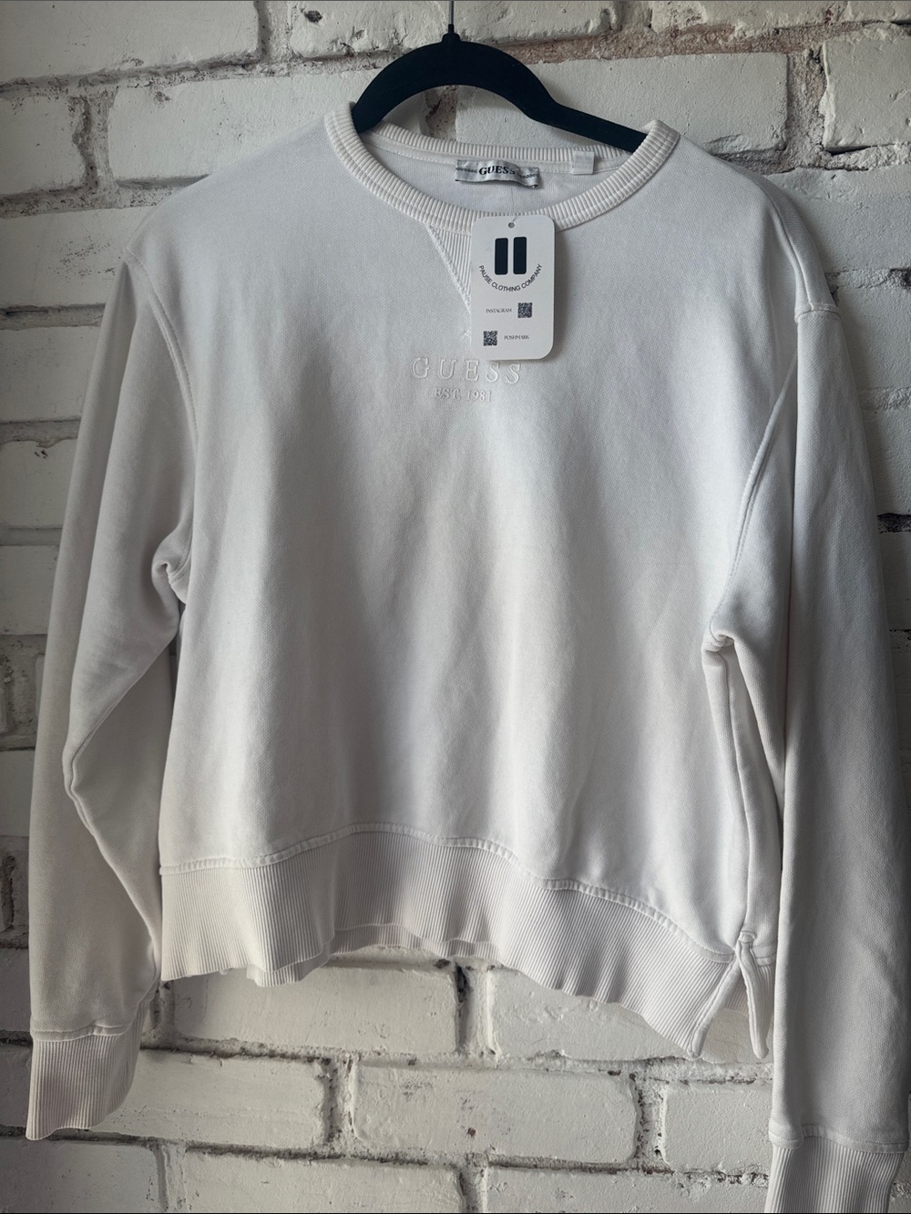 GUESS White Embroidered Logo Pullover Sweatshirt